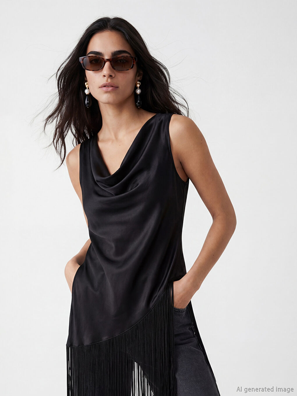 Siyah Dökümlü Yaka Püsküllü Saten Bluz