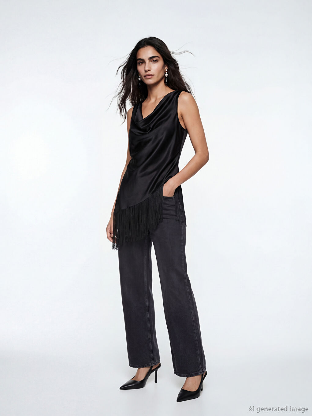 Siyah Dökümlü Yaka Püsküllü Saten Bluz-1