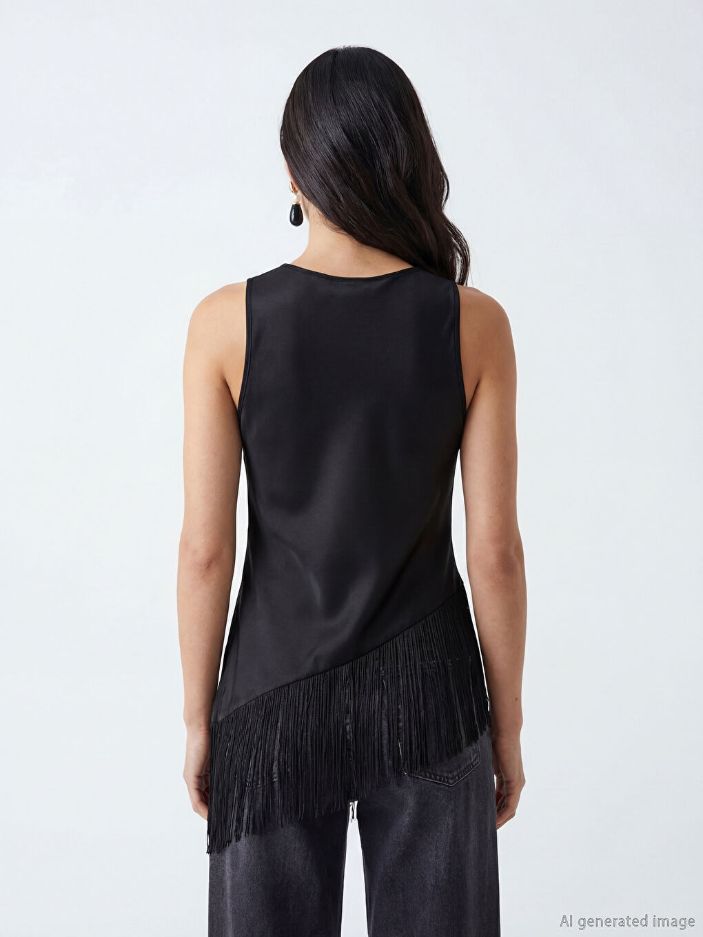 Siyah Dökümlü Yaka Püsküllü Saten Bluz-2