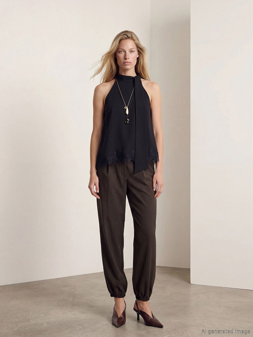 Siyah Halter Yaka Asimetrik Kesim Bluz-1