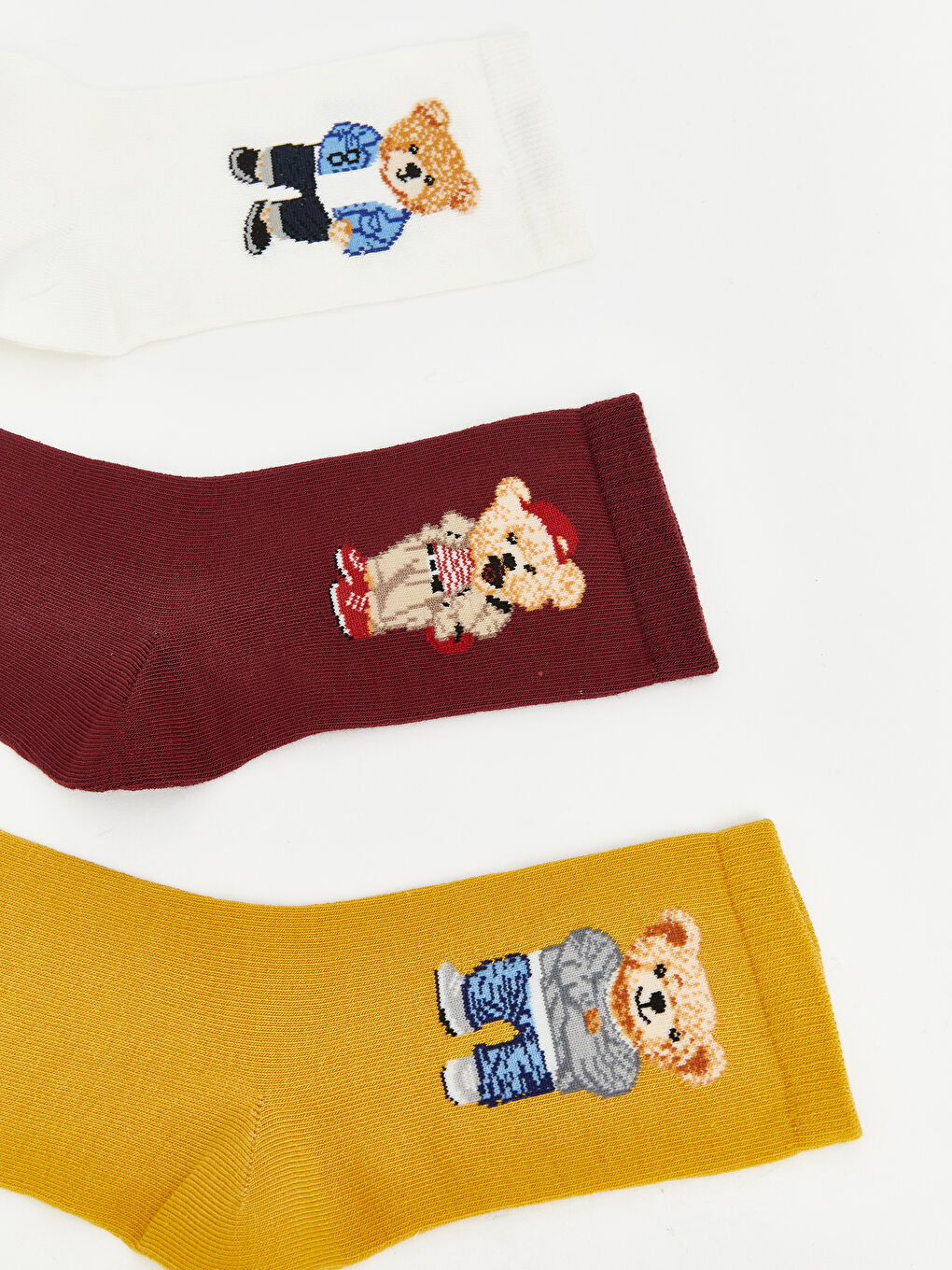 Ekru Ayı Teddy Baskılı Kadın Soket Çorap 5'li-1