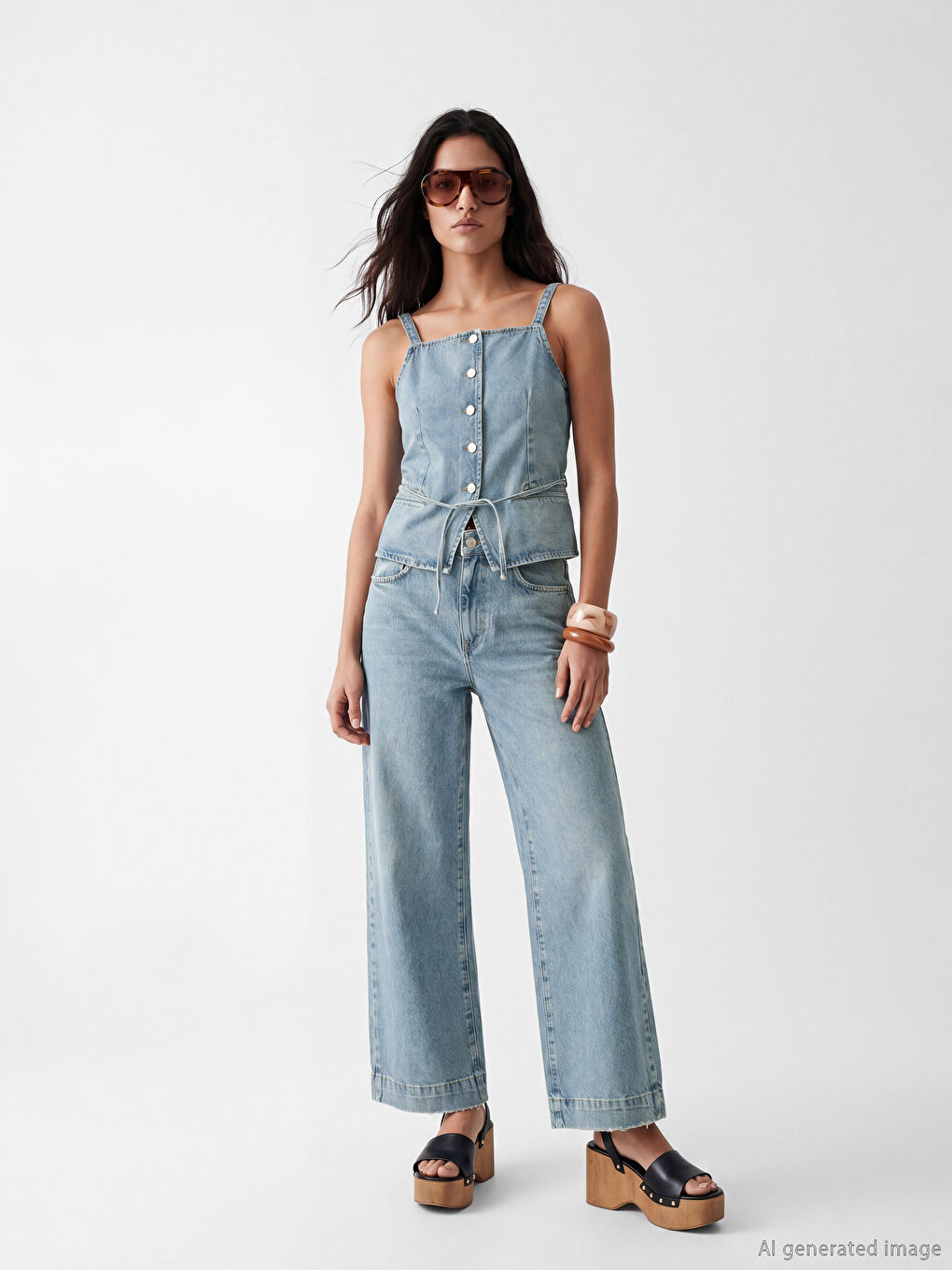 İndigo Kare Yaka Kadın Jean Yelek-1