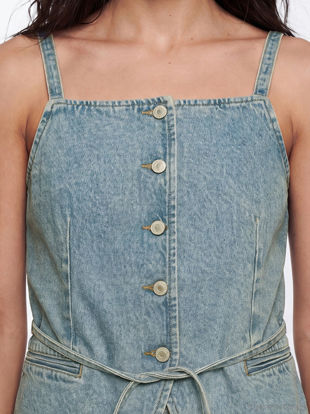 İndigo Kare Yaka Kadın Jean Yelek-2