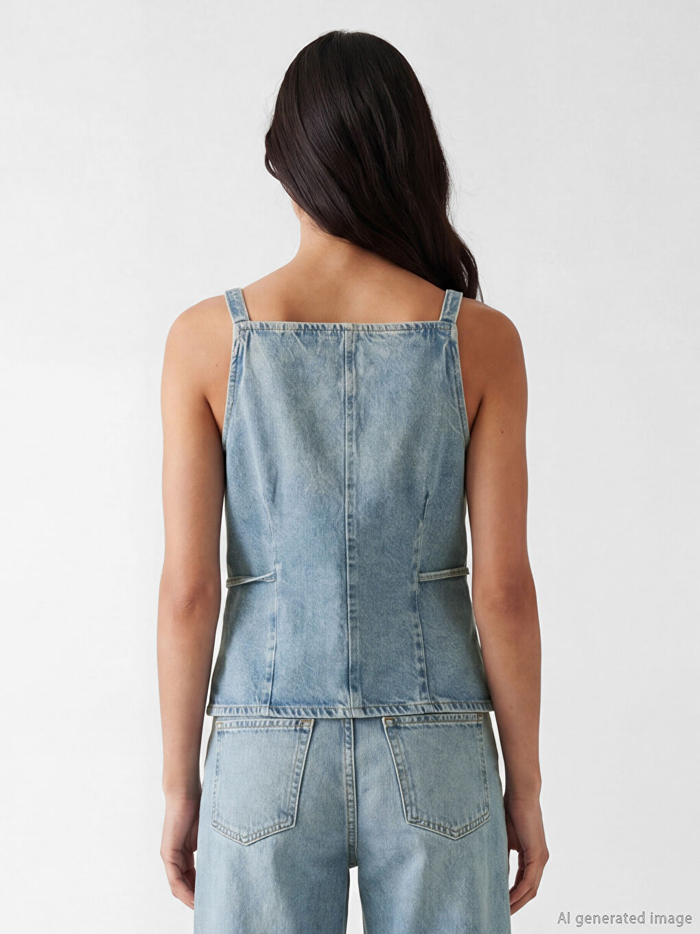 İndigo Kare Yaka Kadın Jean Yelek-3