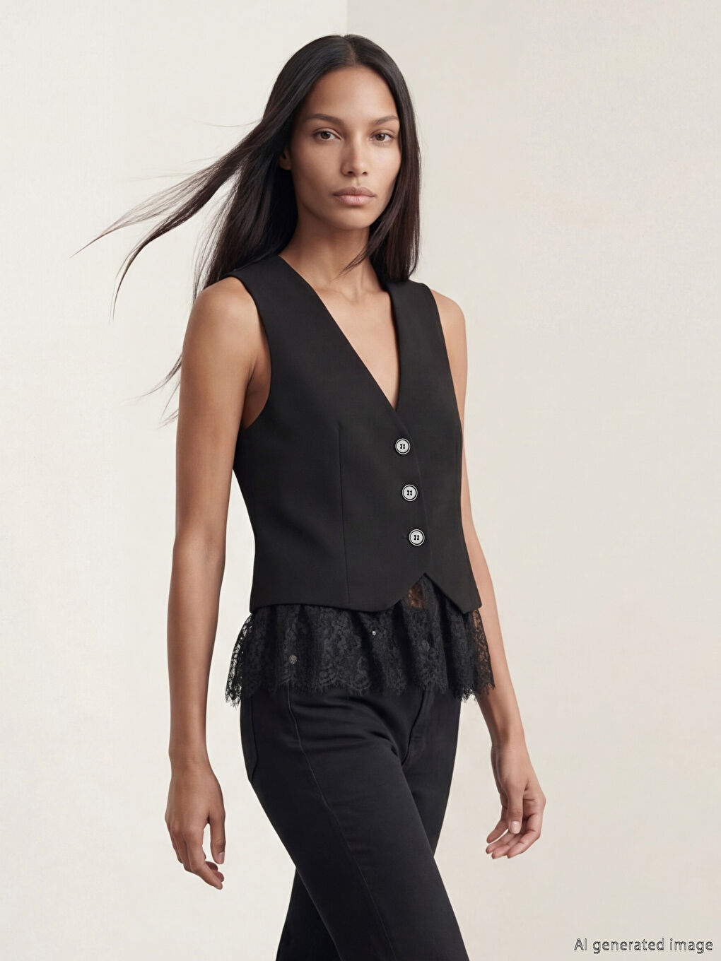 Siyah V Yaka Dantel Detaylı Kadın Klasik Yelek