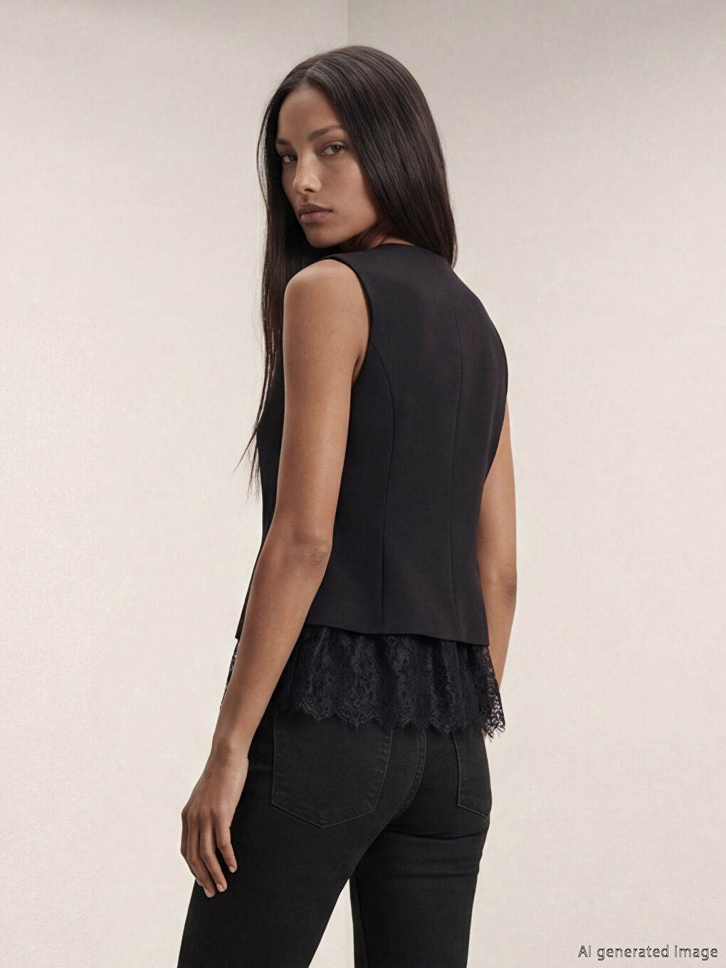 Siyah V Yaka Dantel Detaylı Kadın Klasik Yelek-3