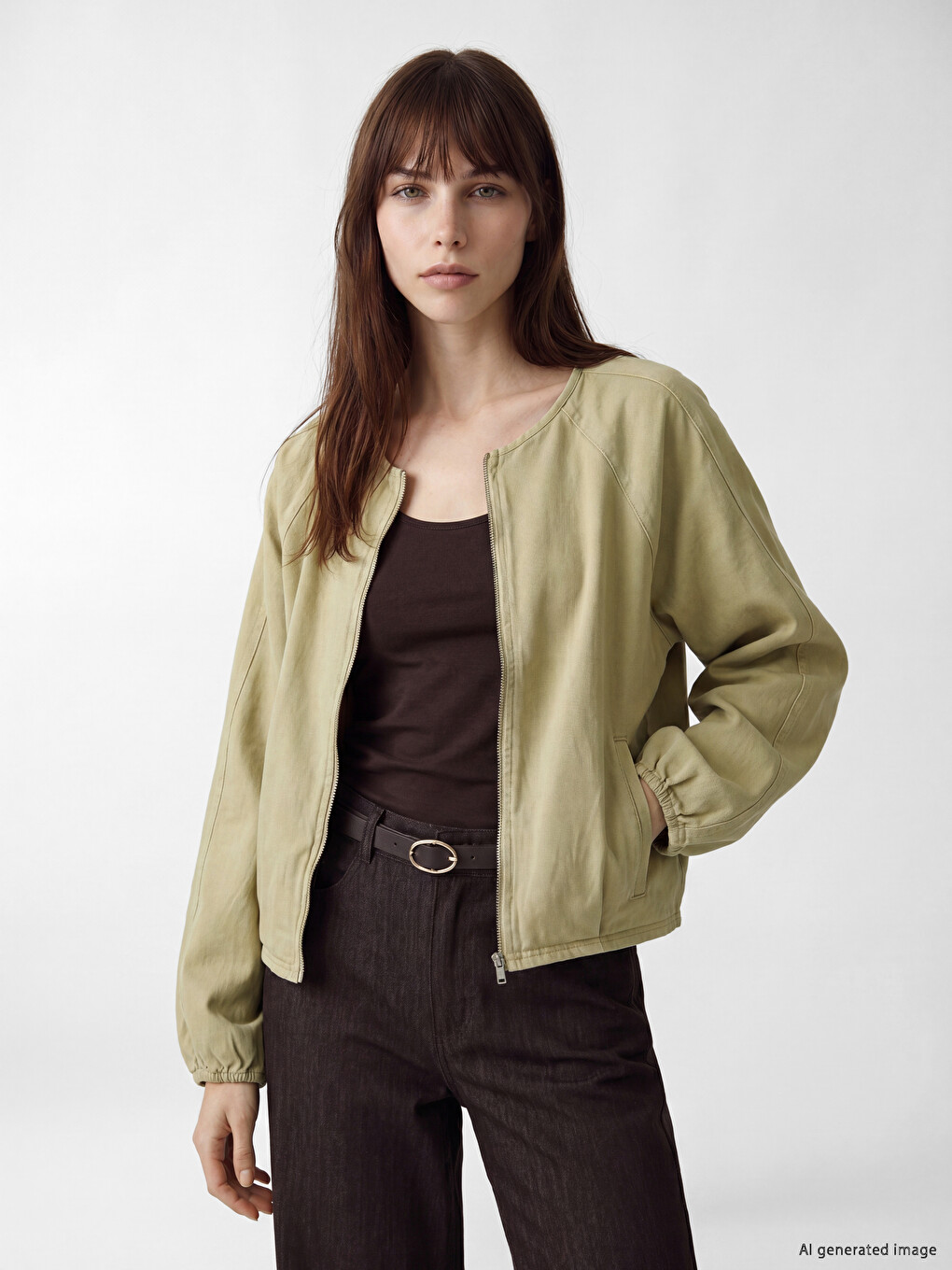 Bej Bisiklet Yaka Crop Kadın Jean Ceket