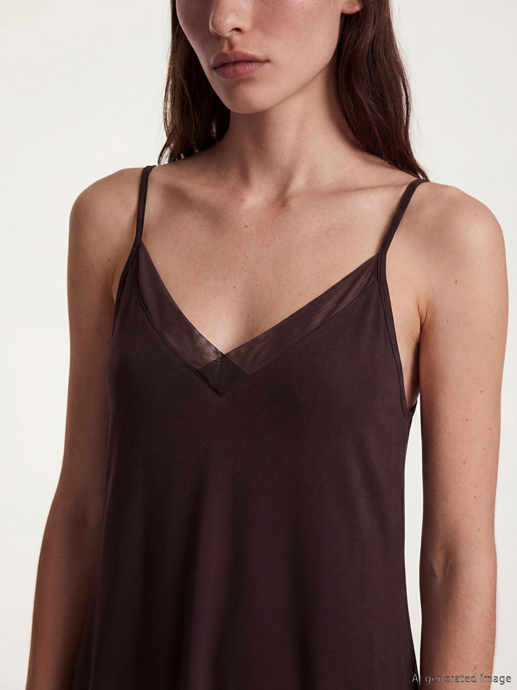 Kahverengi V Yaka İp Askılı Kadın Fantezi Gecelik-2