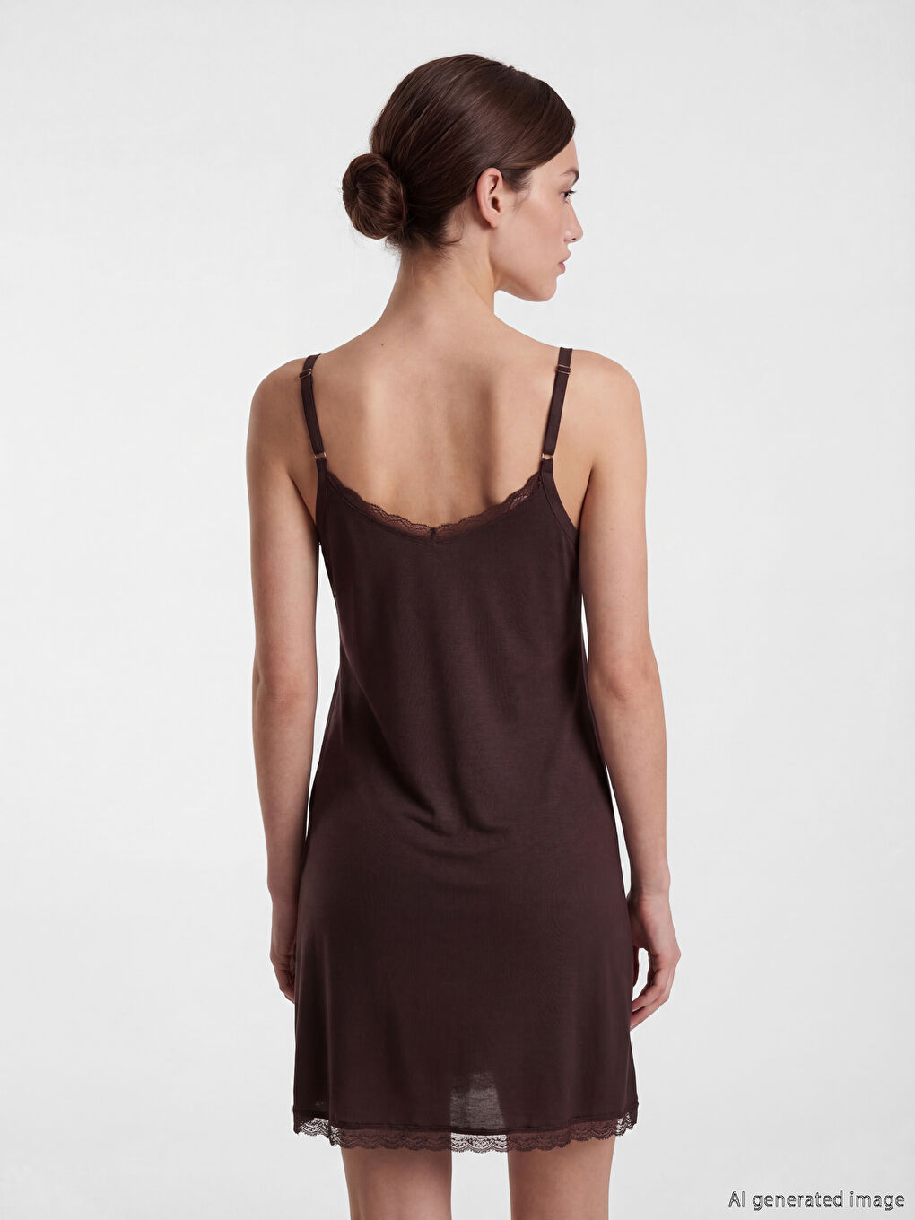 Kahverengi V Yaka İp Askılı Kadın Fantezi Gecelik-3