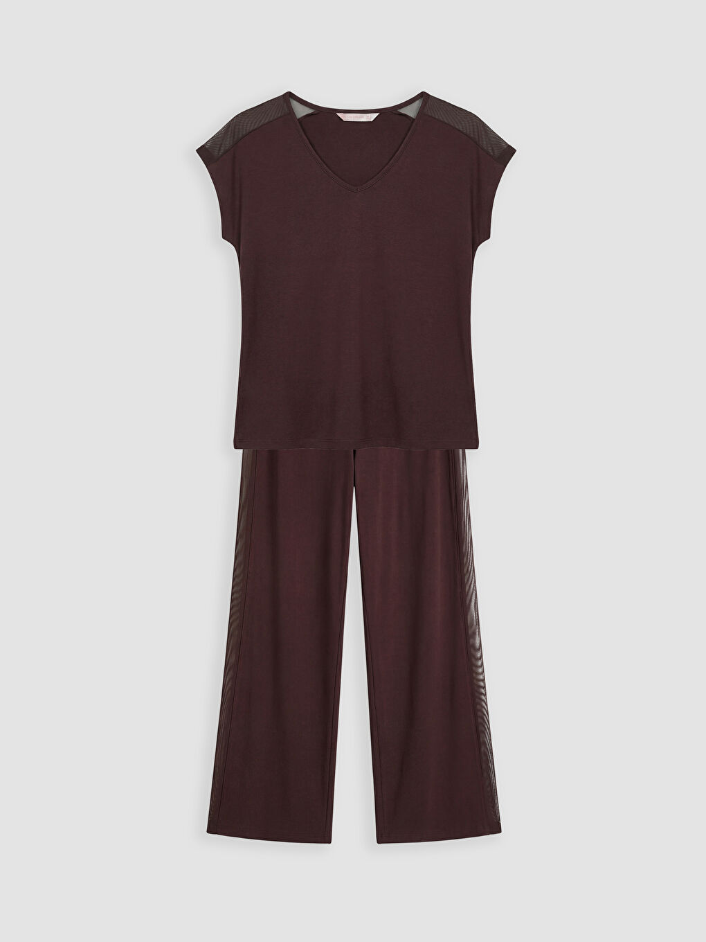 Kahverengi V Yaka Tül Detaylı Kadın Pijama Takım