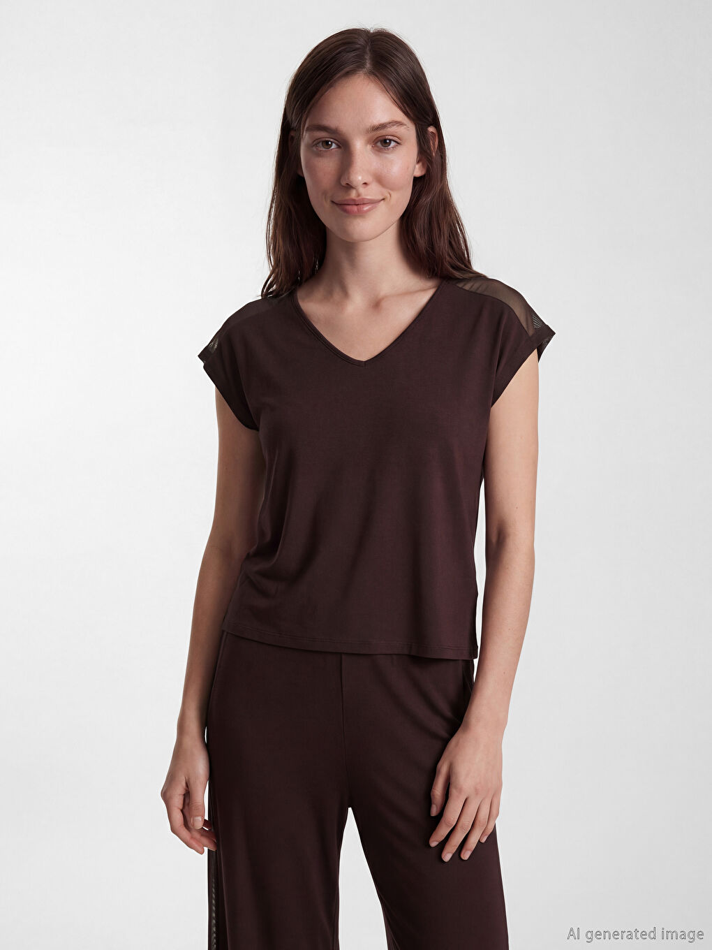 Kahverengi V Yaka Tül Detaylı Kadın Pijama Takım-1