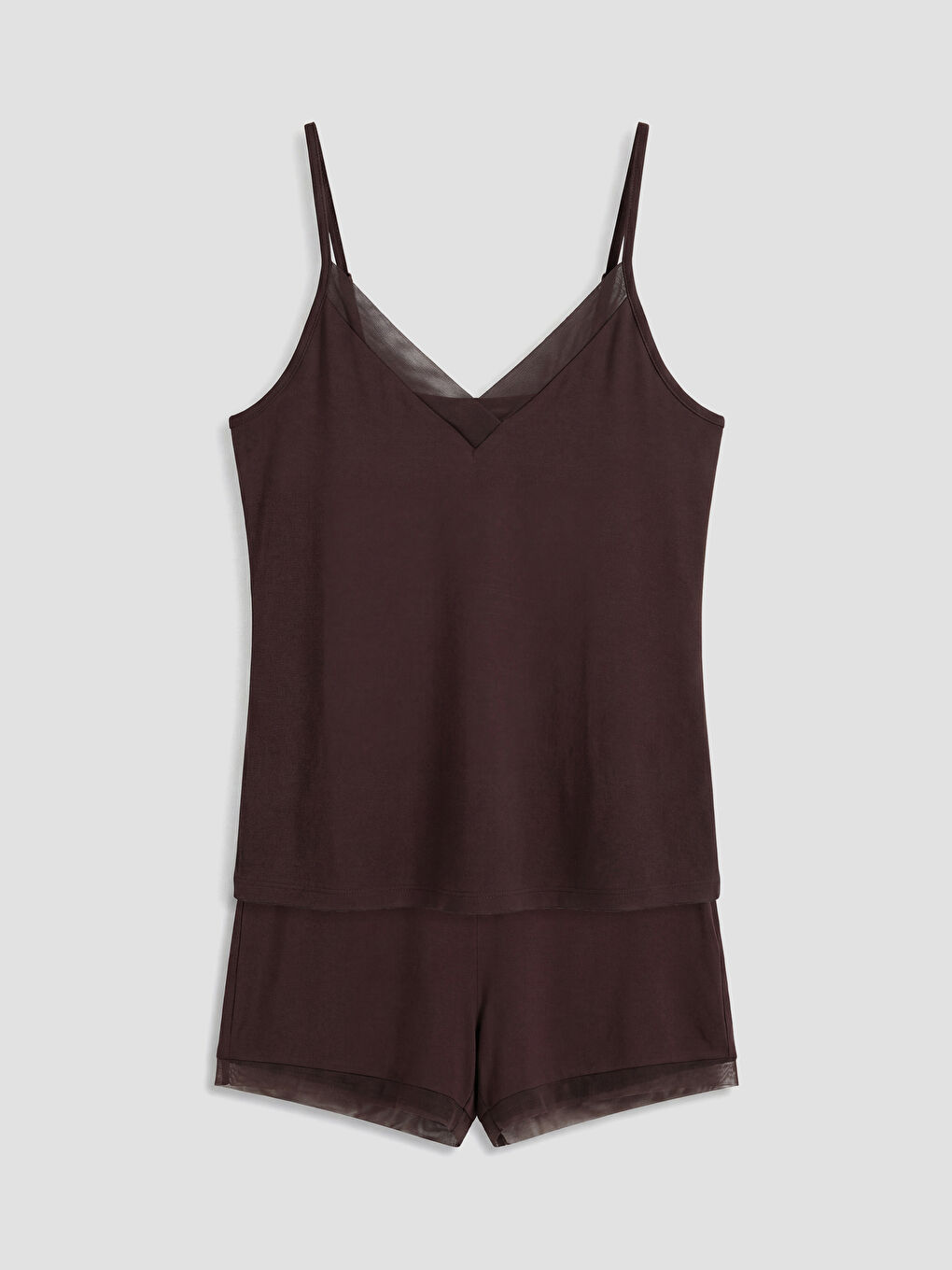 Kahverengi V Yaka Tül Detaylı Kadın Şortlu Pijama Takımı