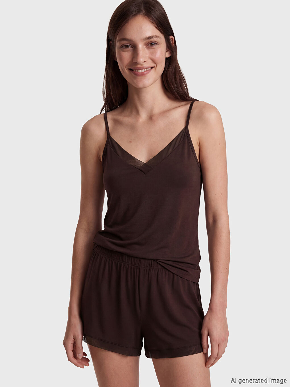 V Neck Tulle Detailed Women's Shortie Pyjama Set-2