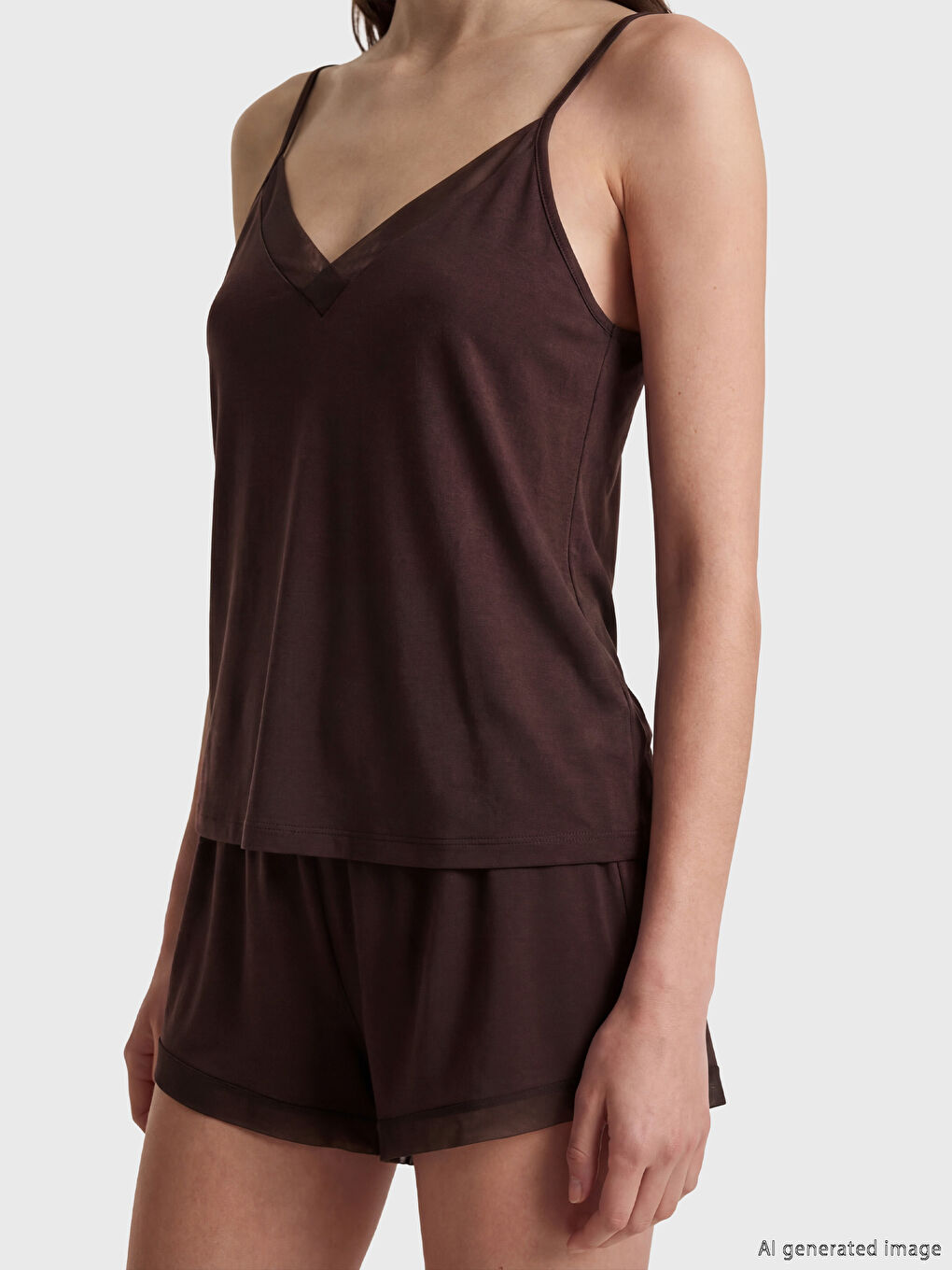 V Neck Tulle Detailed Women's Shortie Pyjama Set-3