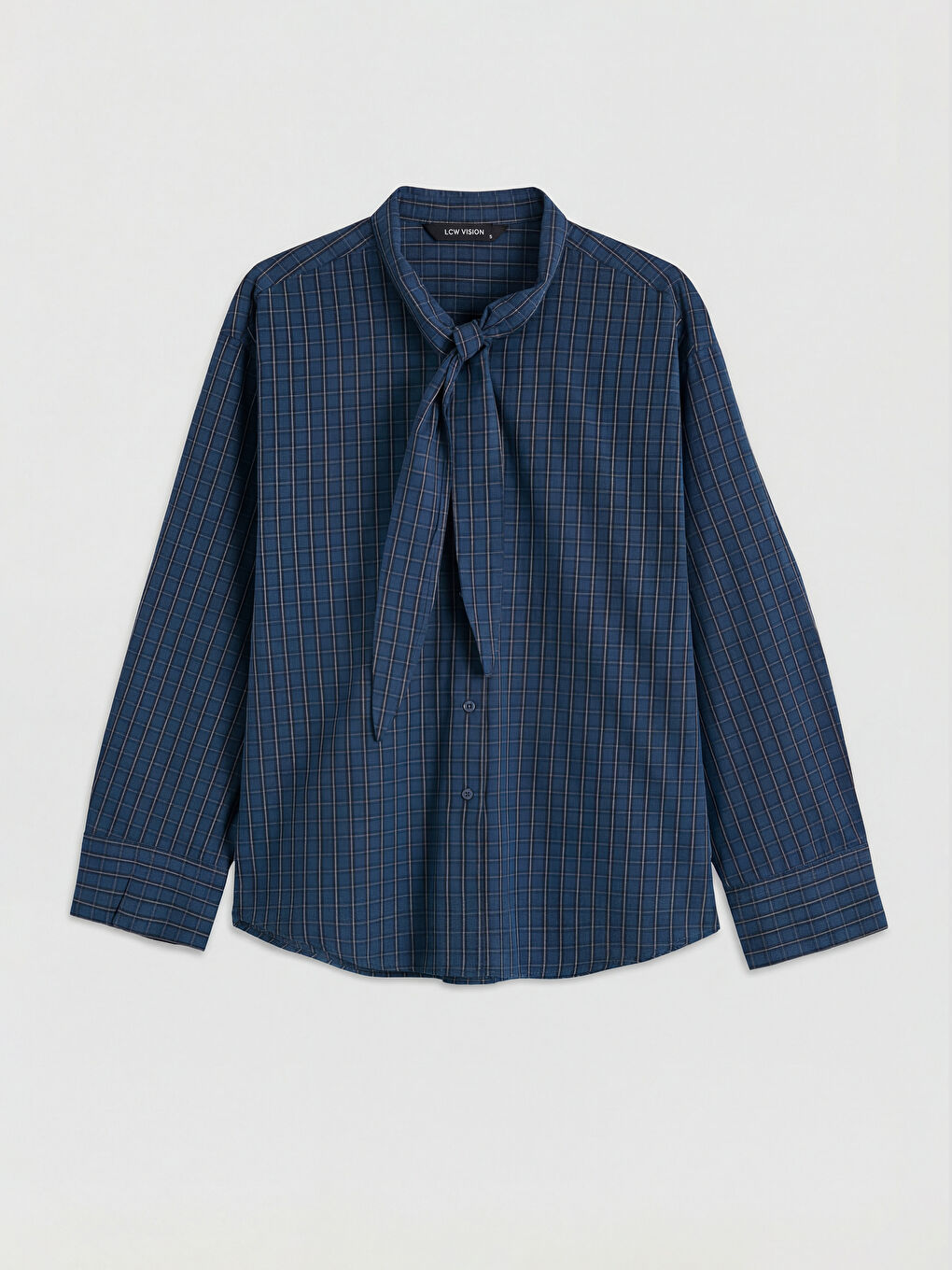 Mavi Fular Yakalı Ekose Oversize Kadın Gömlek