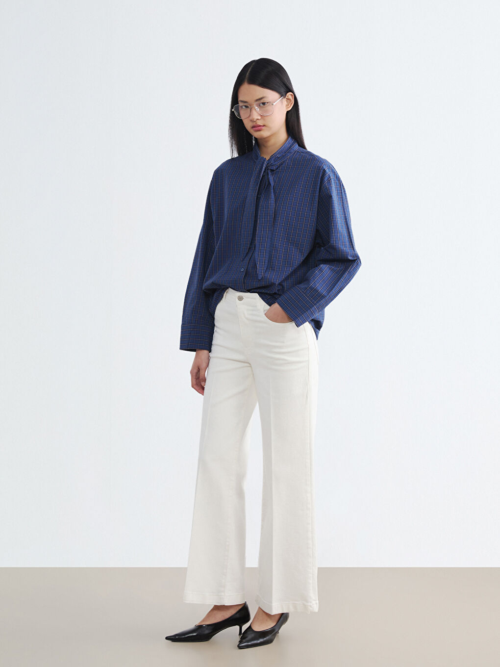 Риза с вратовръзка на врата на каре, oversize, за жени-1