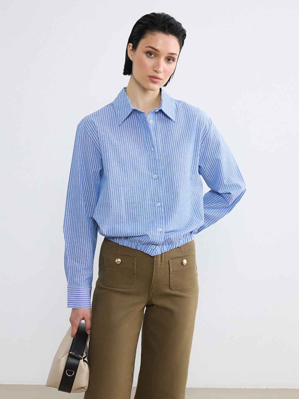 Mavi Çizgili Oversize Oxford Kadın Gömlek