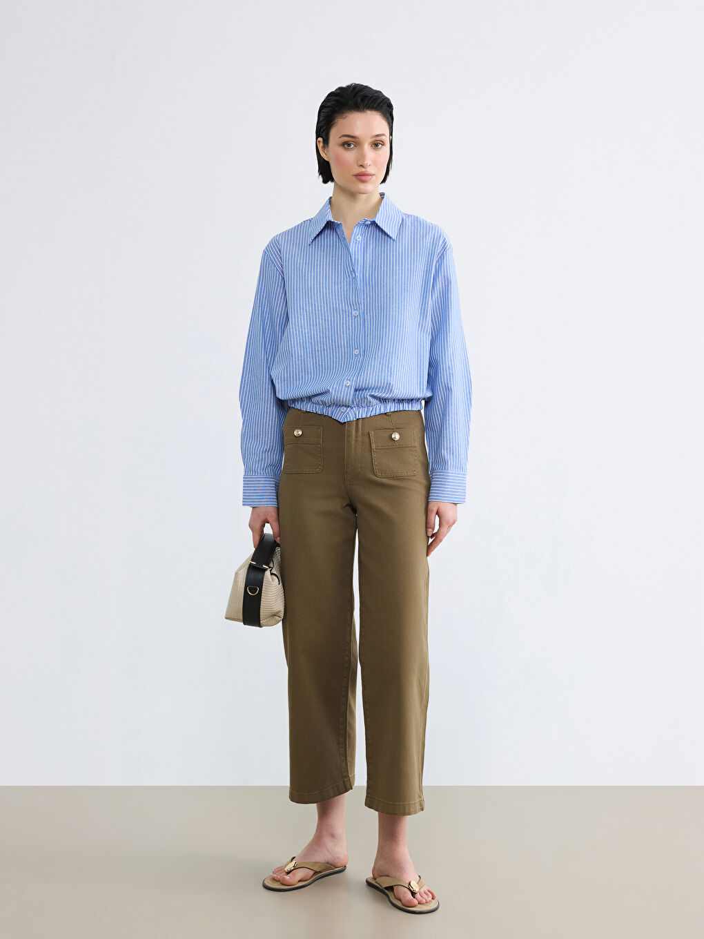 Mavi Çizgili Oversize Oxford Kadın Gömlek-1