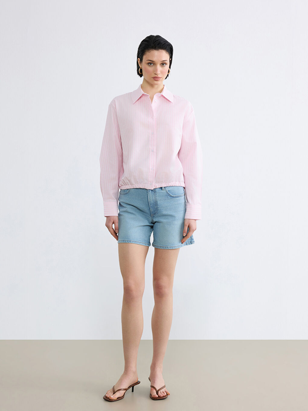 Pembe Çizgili Oversize Oxford Kadın Gömlek