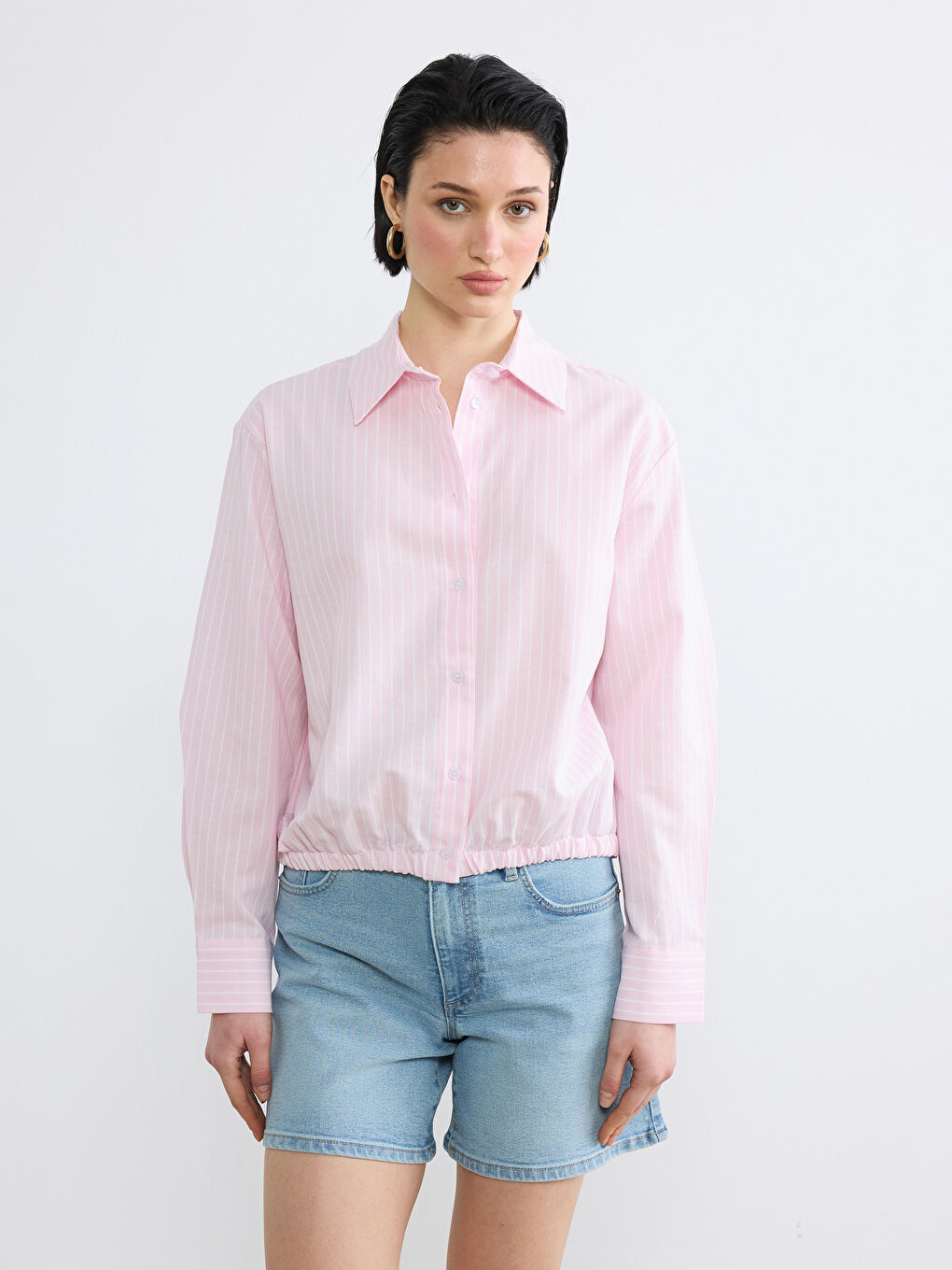 Pembe Çizgili Oversize Oxford Kadın Gömlek-1