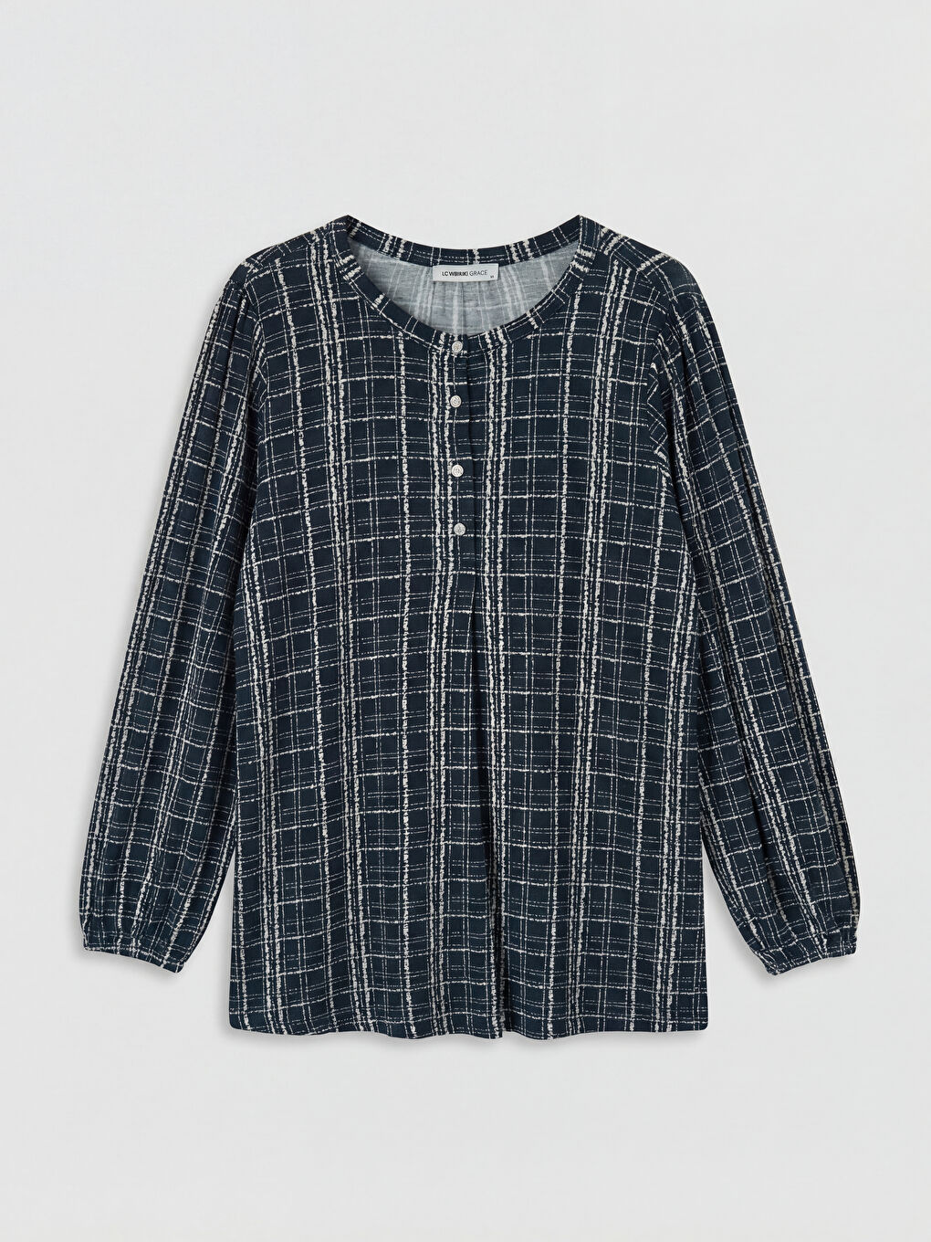 Lacivert Bisiklet Yaka Desenli Bluz