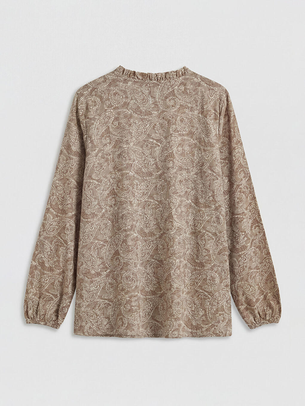 Bej Fırfırlı Dik Yaka Desenli Bluz-1