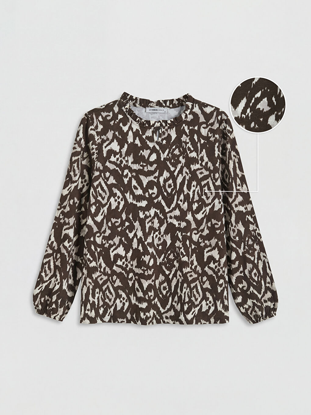 Kahverengi Fırfırlı Dik Yaka Desenli Bluz