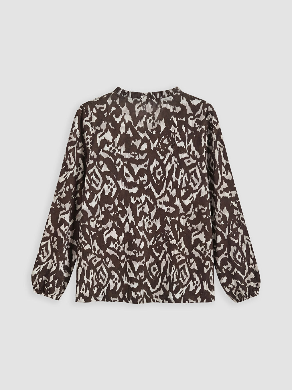 Kahverengi Fırfırlı Dik Yaka Desenli Bluz-1