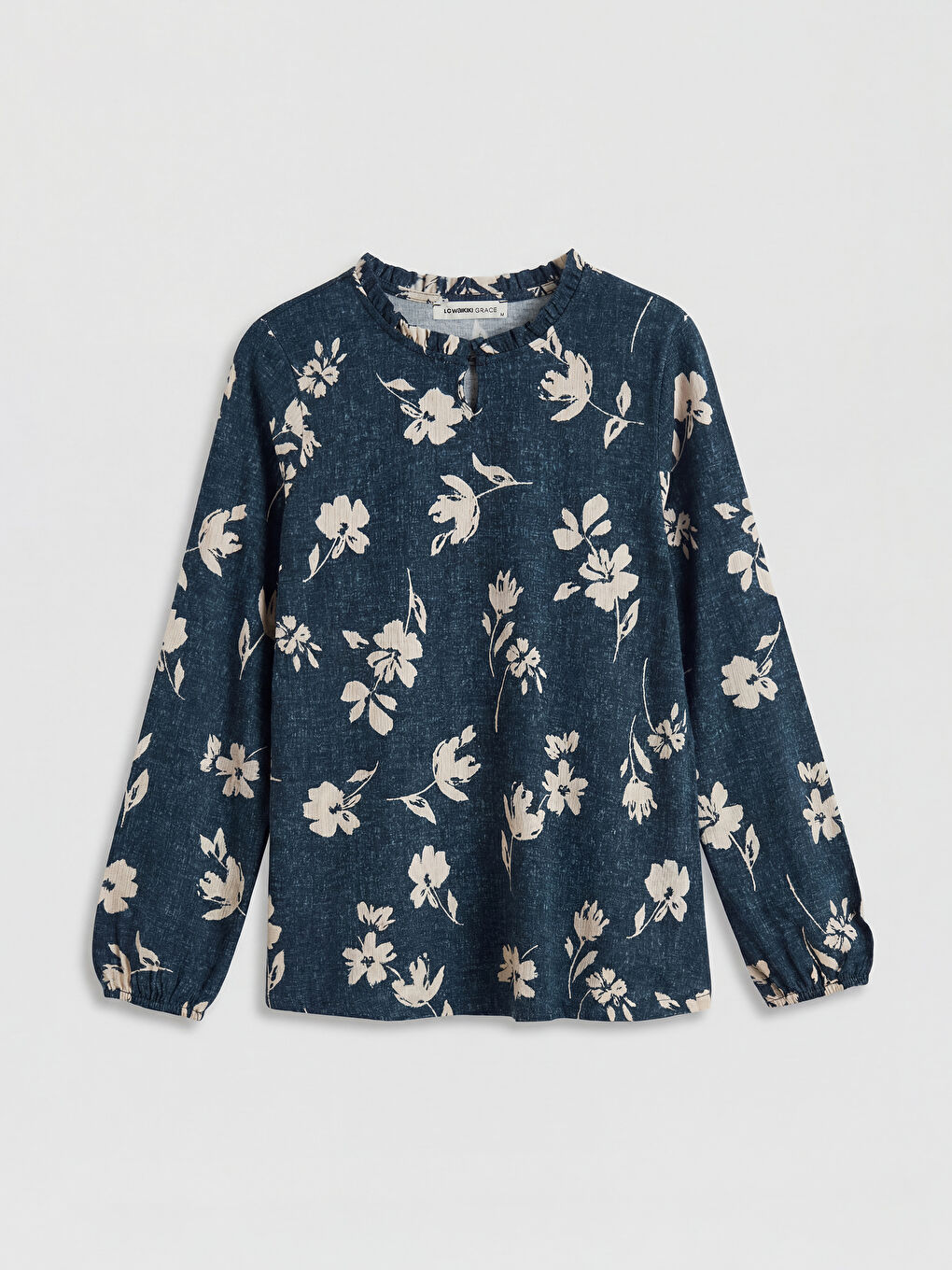 Lacivert Fırfırlı Dik Yaka Çiçekli Bluz