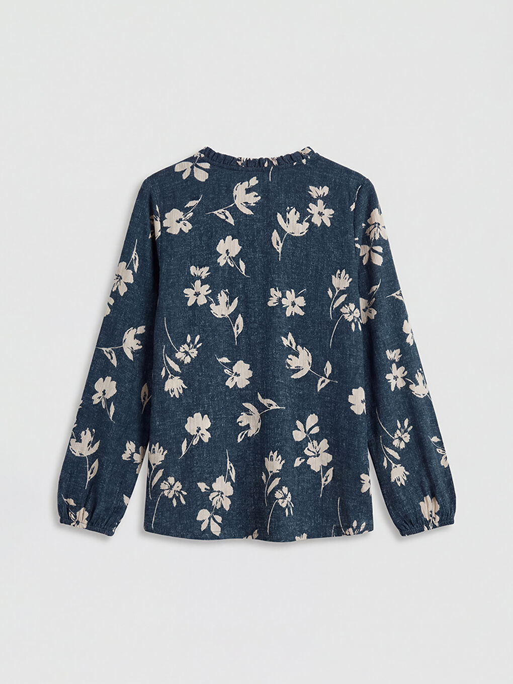 Lacivert Fırfırlı Dik Yaka Çiçekli Bluz-1