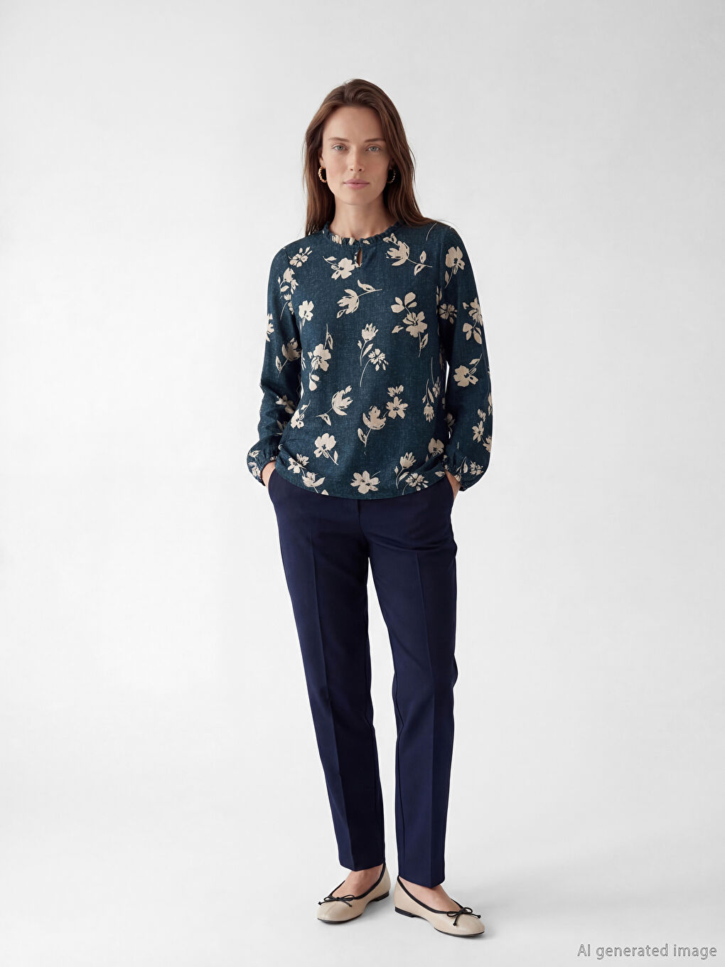 Bluza sa naborima i visokom cvetnom kragnom-1