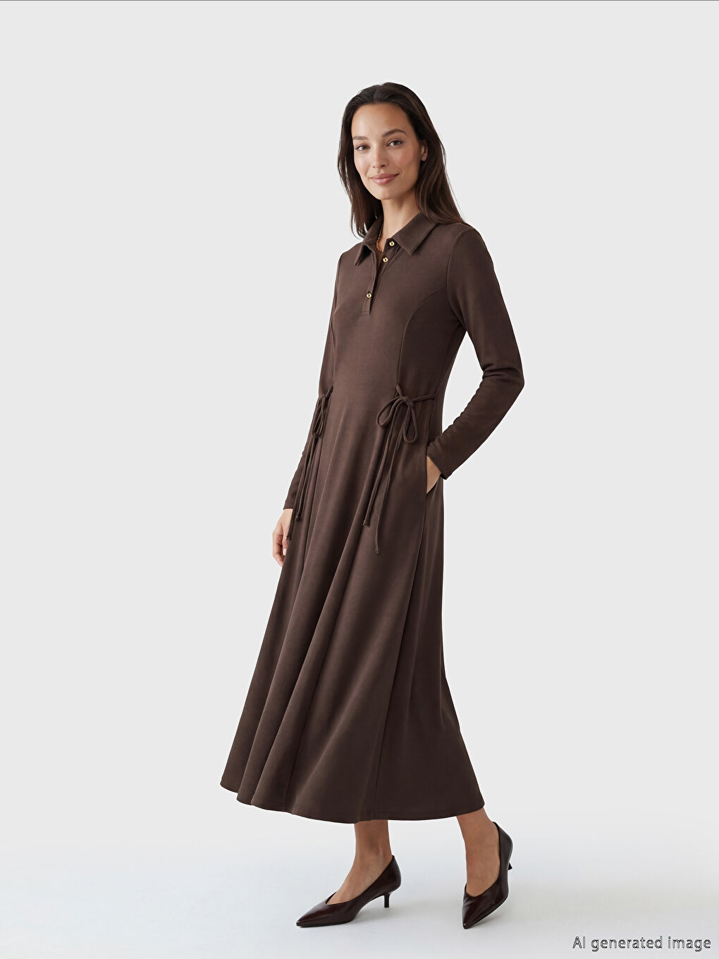 Kahverengi Gömlek Yaka Soft Touch Bağcıklı Elbise