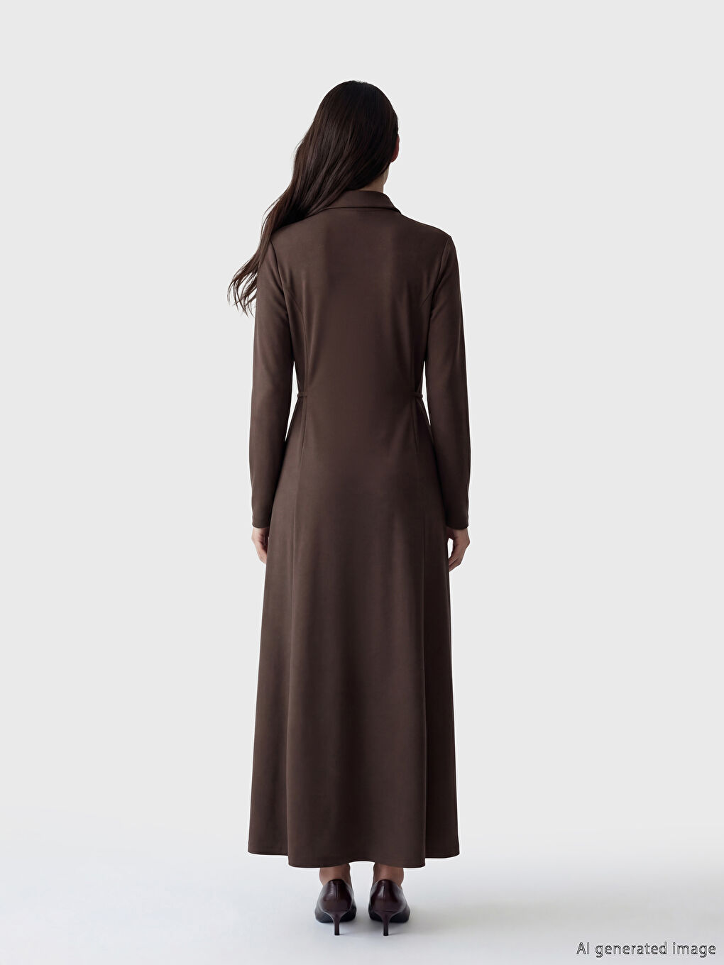 Kahverengi Gömlek Yaka Soft Touch Bağcıklı Elbise-1