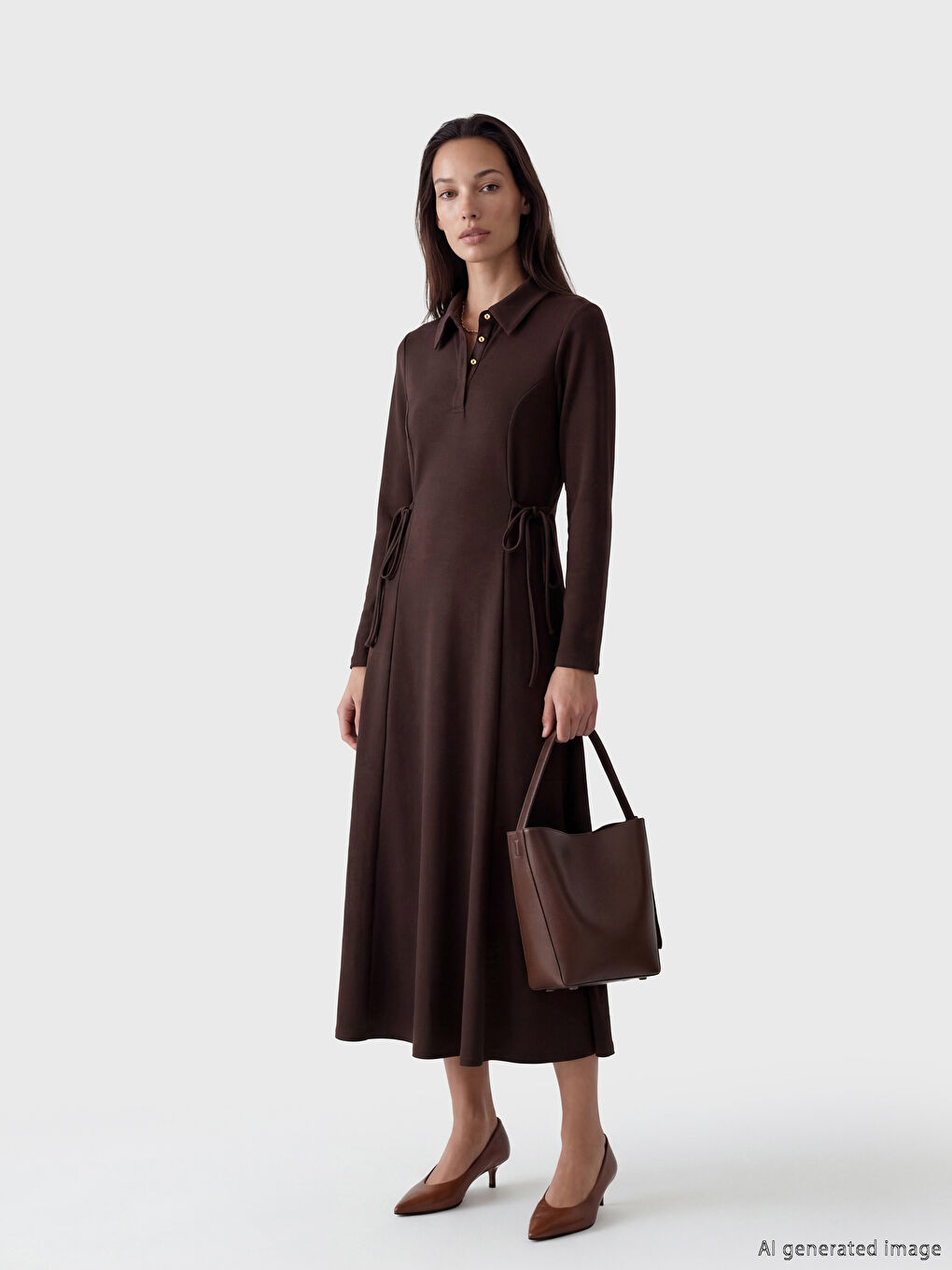 Mürdüm Gömlek Yaka Soft Touch Bağcıklı Elbise