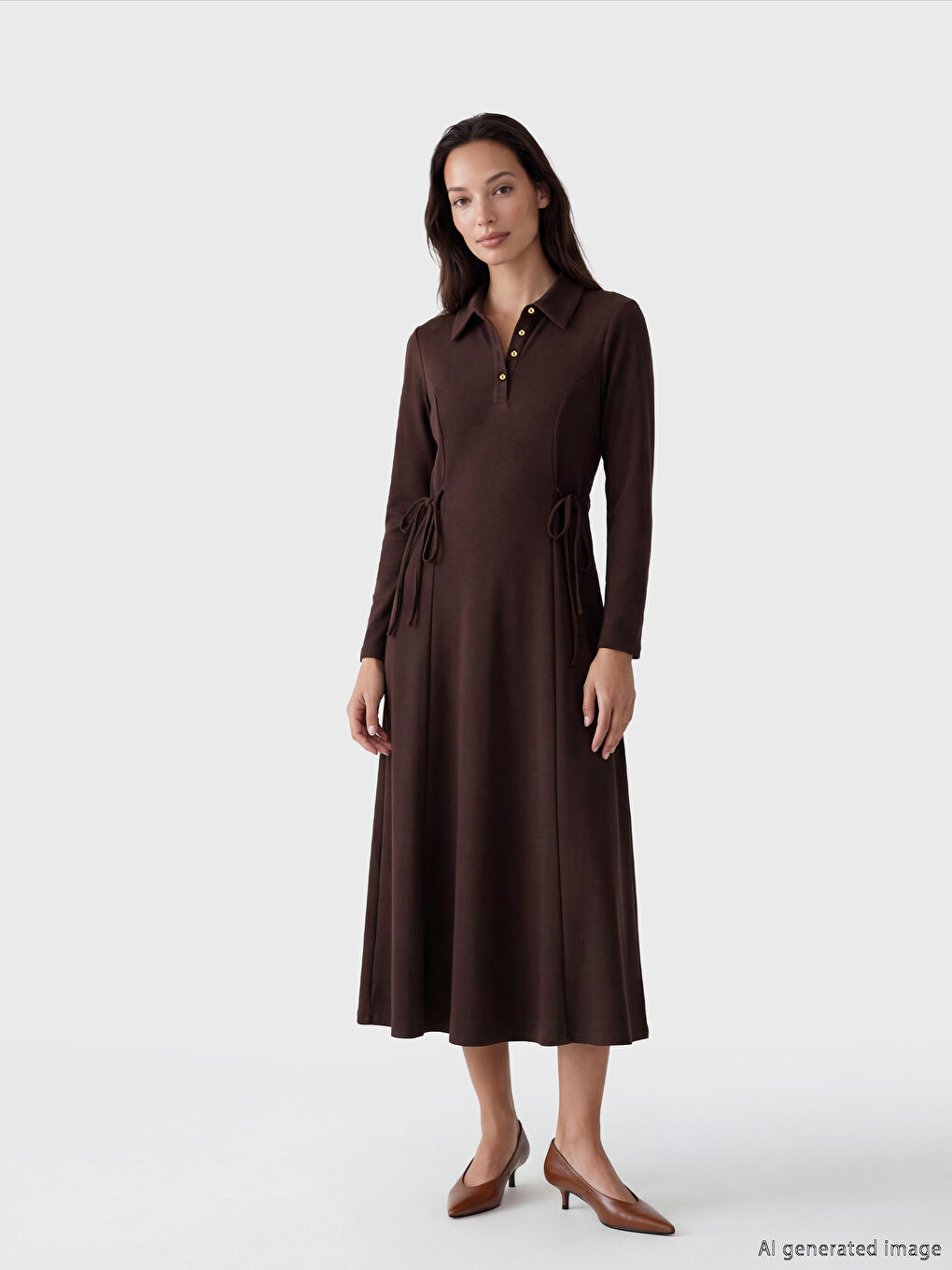 Mürdüm Gömlek Yaka Soft Touch Bağcıklı Elbise-1