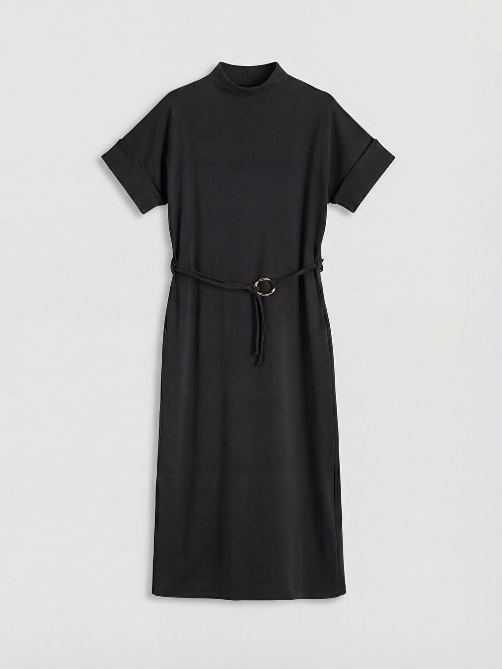 Siyah Dik Yaka Kemerli Soft Touch Elbise	