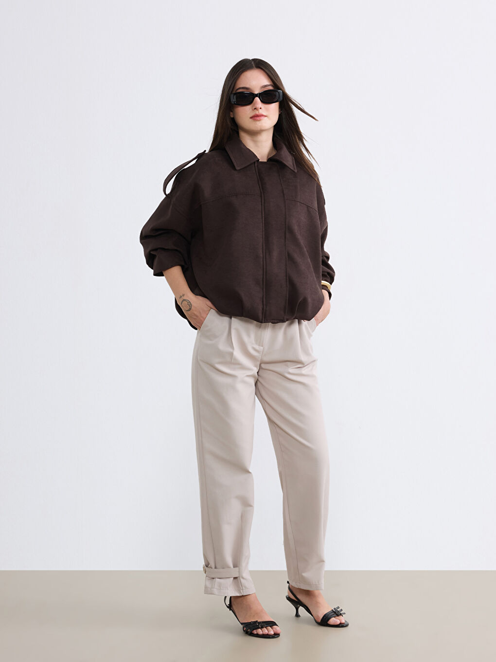 Kahverengi Petite Gömlek Yaka Kadın Süet Görünümlü Ceket-1