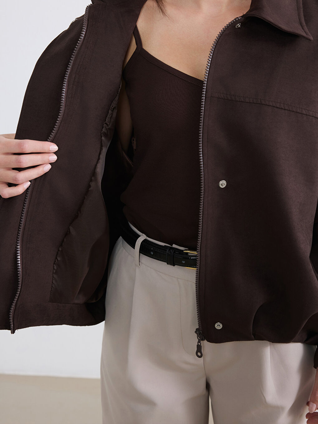 Kahverengi Petite Gömlek Yaka Kadın Süet Görünümlü Ceket-2