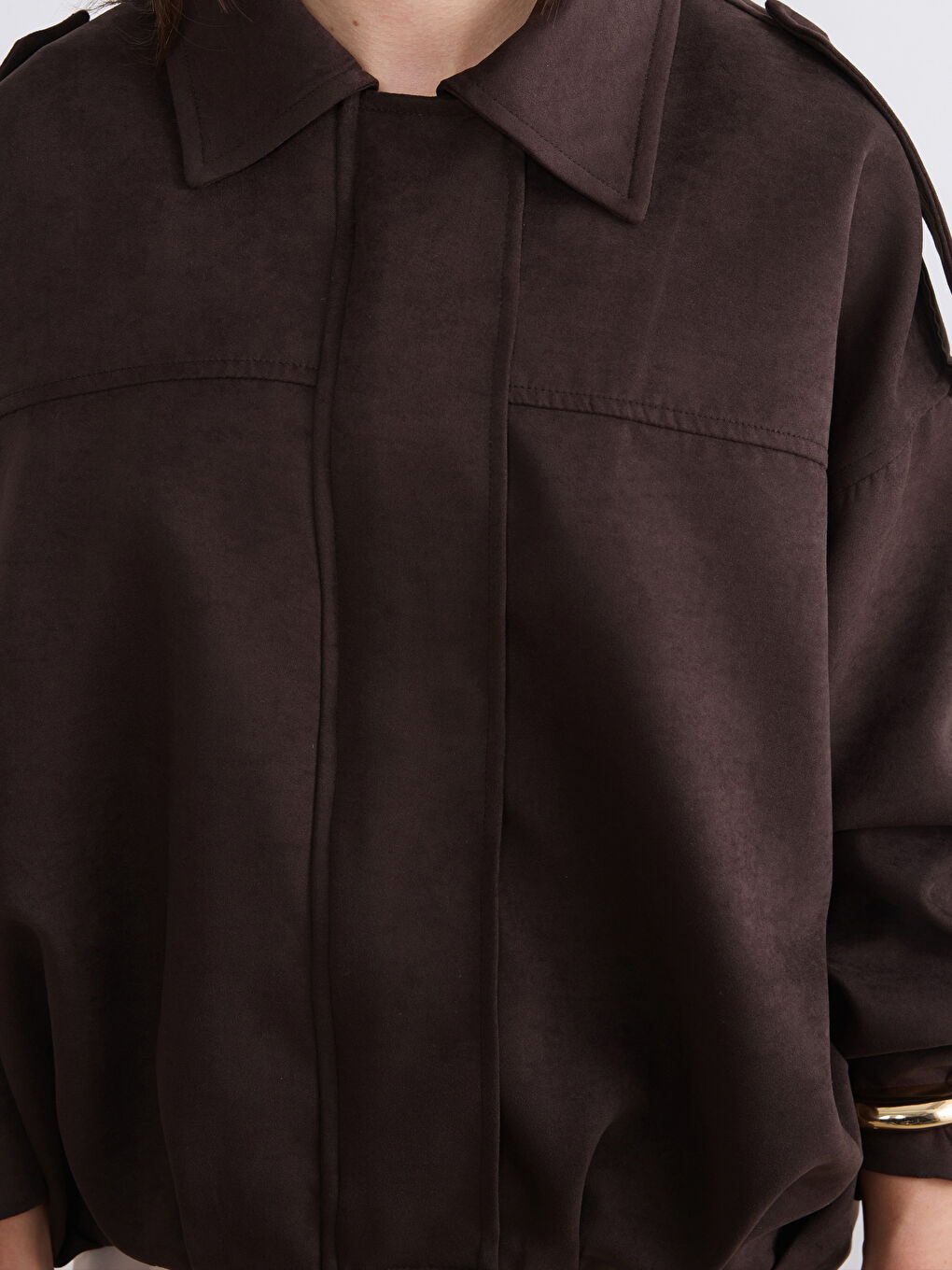 Kahverengi Petite Gömlek Yaka Kadın Süet Görünümlü Ceket-3