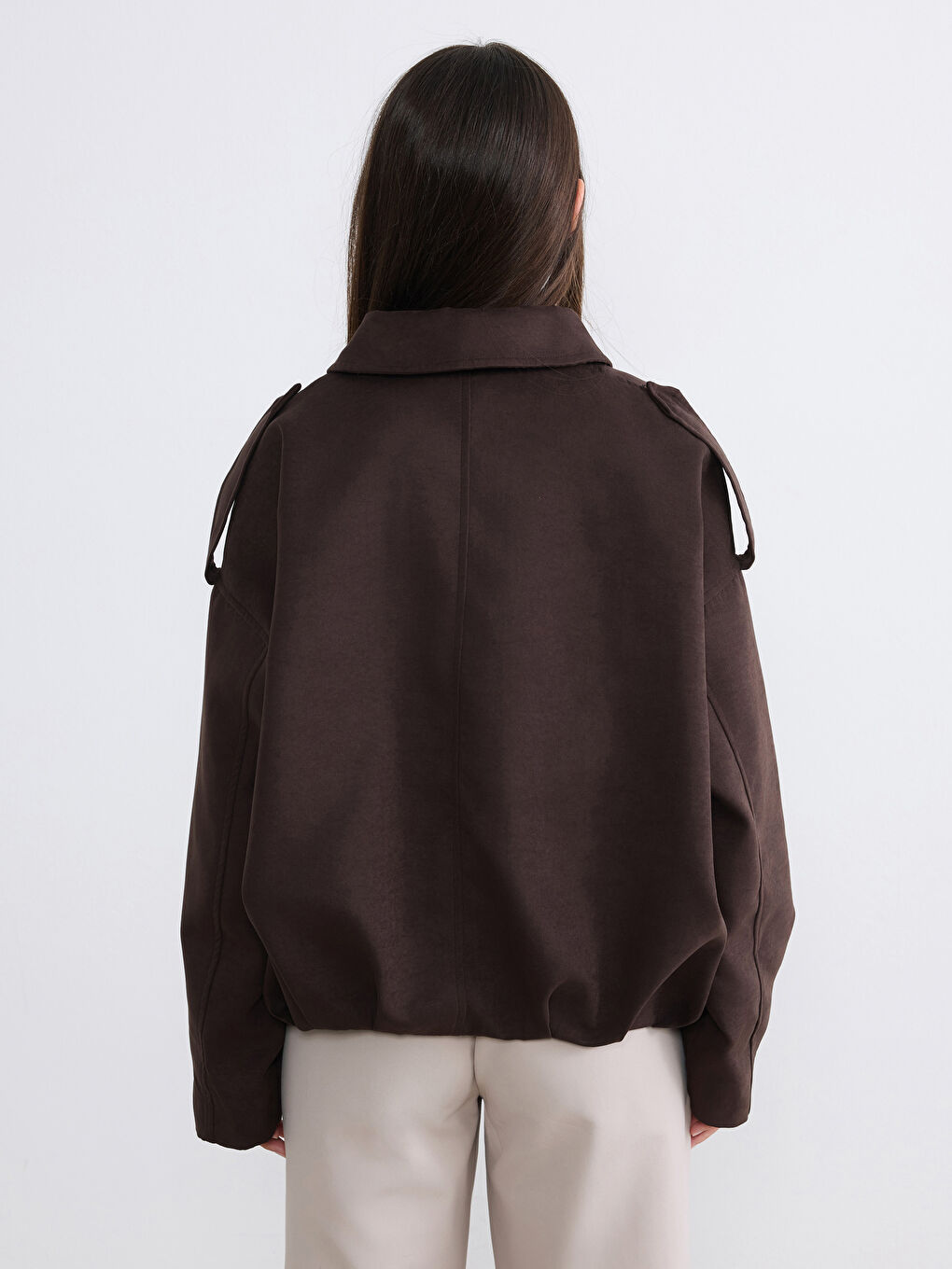 Kahverengi Petite Gömlek Yaka Kadın Süet Görünümlü Ceket-4