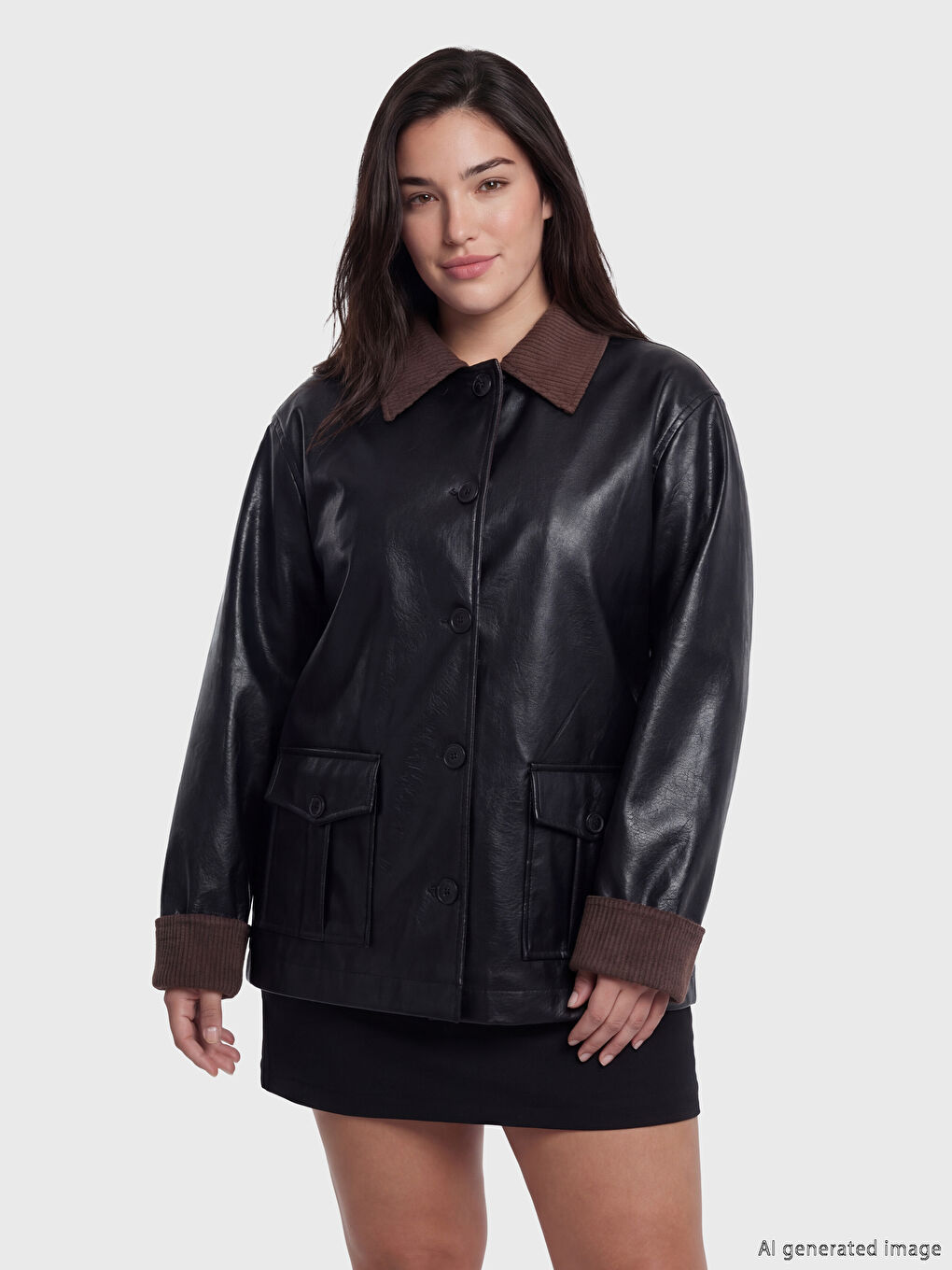 Siyah Petite Kadife Yaka Kadın Deri Görünümlü Mont-1