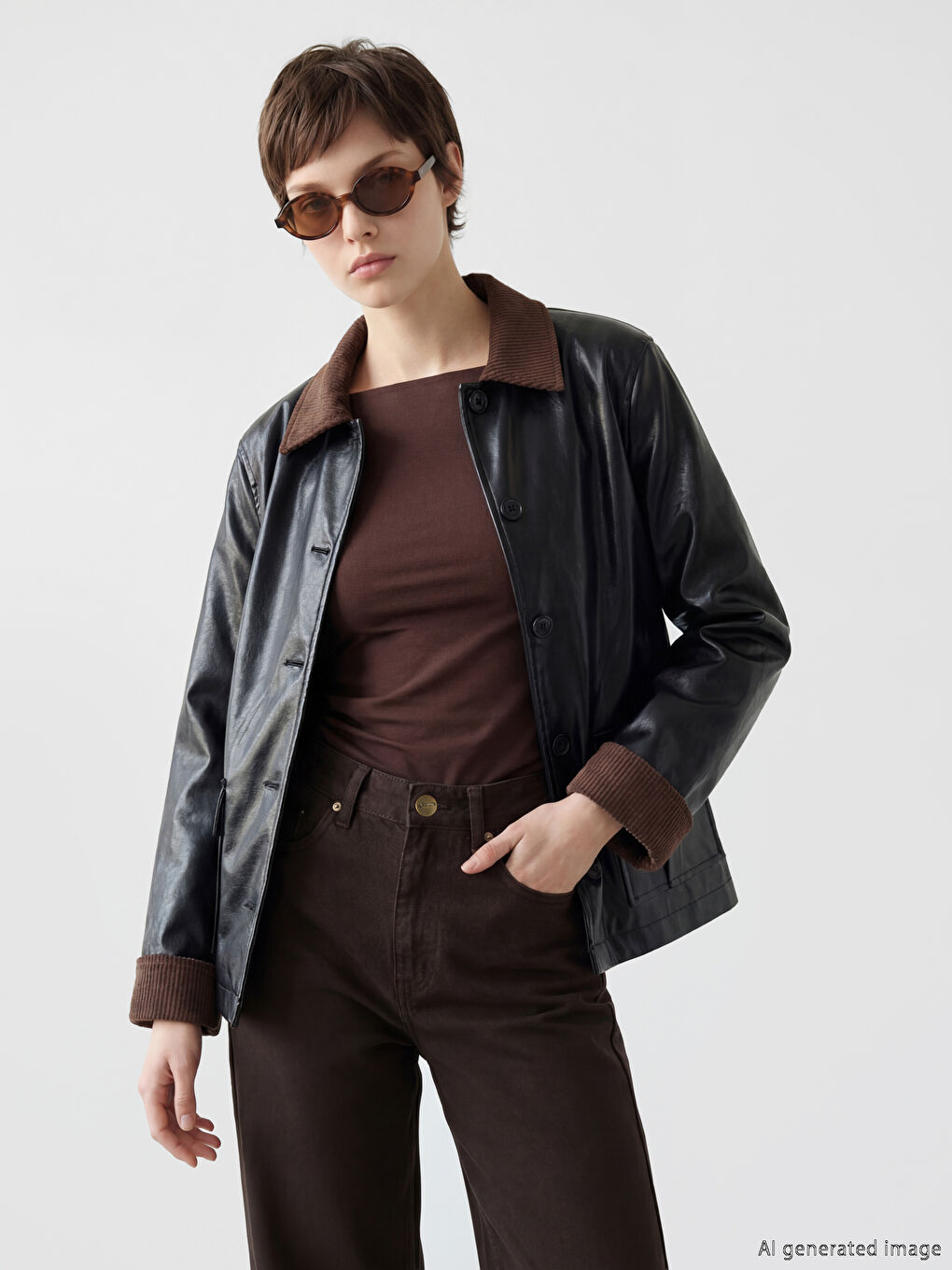 Siyah Petite Kadife Yaka Kadın Deri Görünümlü Mont-1