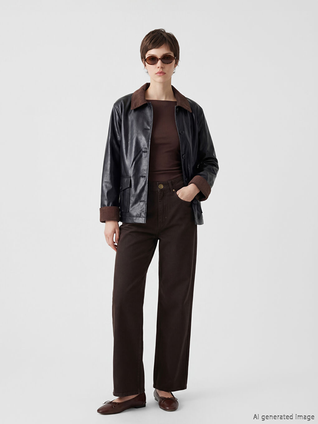 Siyah Petite Kadife Yaka Kadın Deri Görünümlü Mont-3