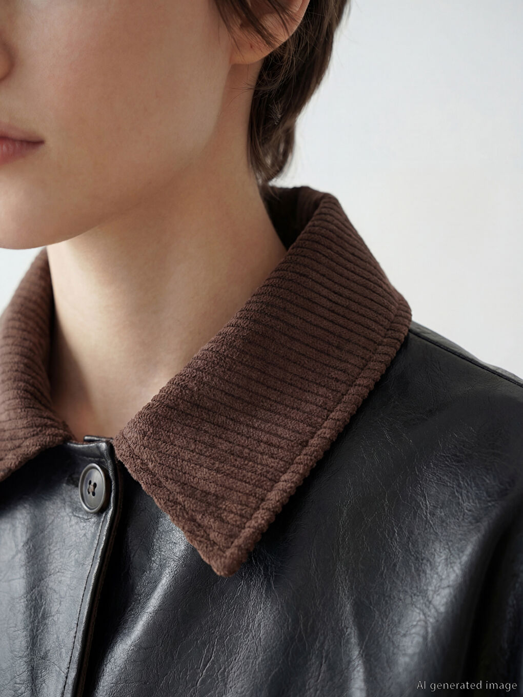 Siyah Petite Kadife Yaka Kadın Deri Görünümlü Mont-5