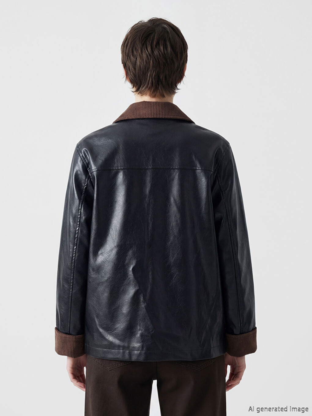 Siyah Petite Kadife Yaka Kadın Deri Görünümlü Mont-9