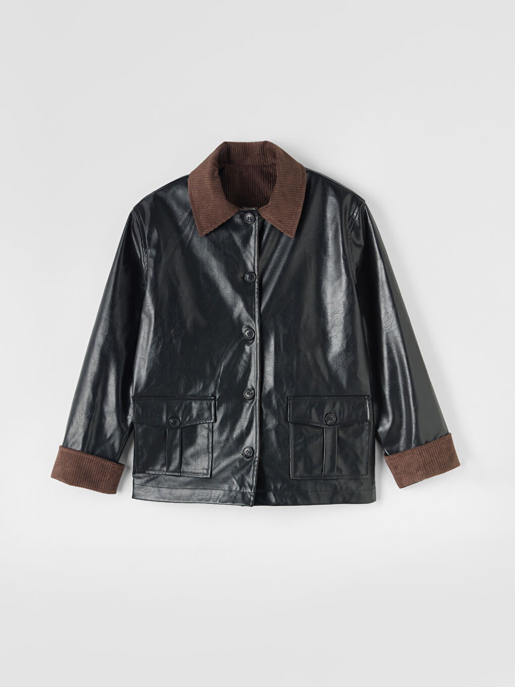 Siyah Petite Kadife Yaka Kadın Deri Görünümlü Mont-11