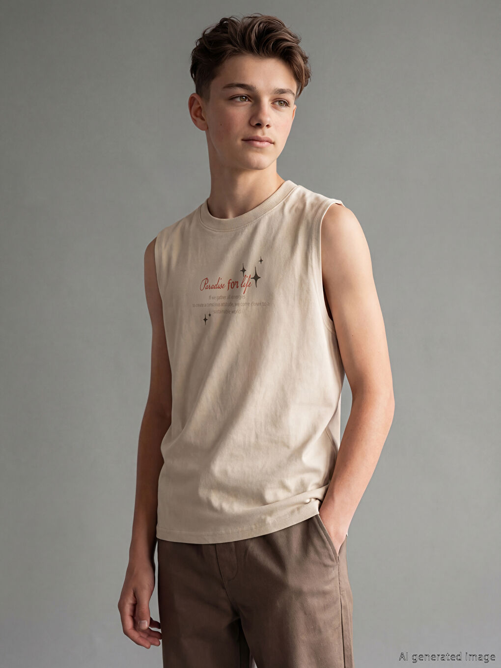 Bej Baskılı Erkek Çocuk Atlet