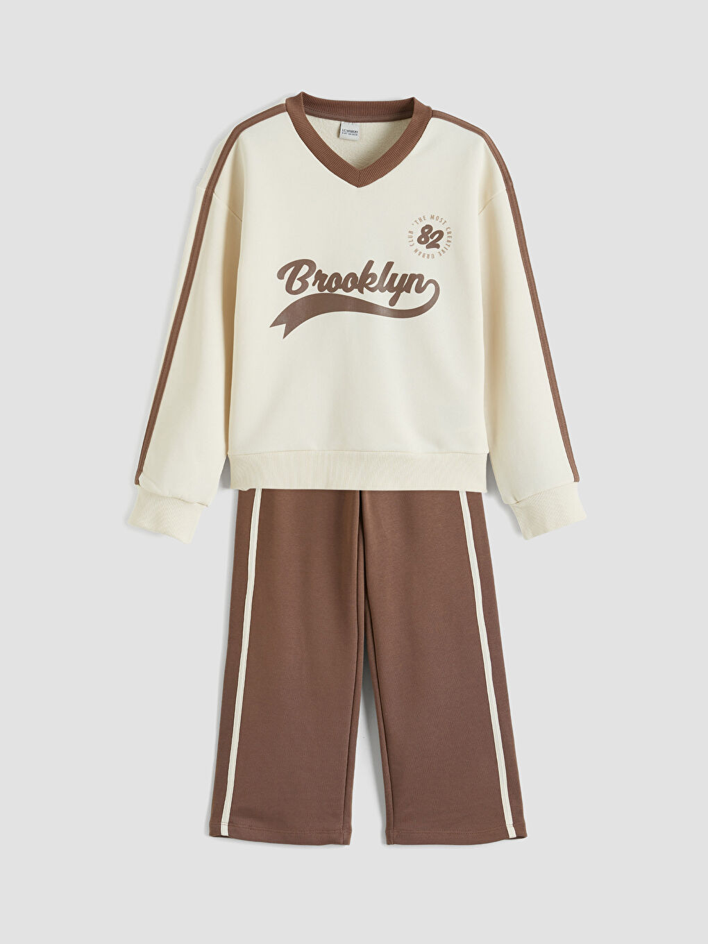 Ekru Brooklyn Baskılı Kız Çocuk Sweatshirt ve Eşofman Altı