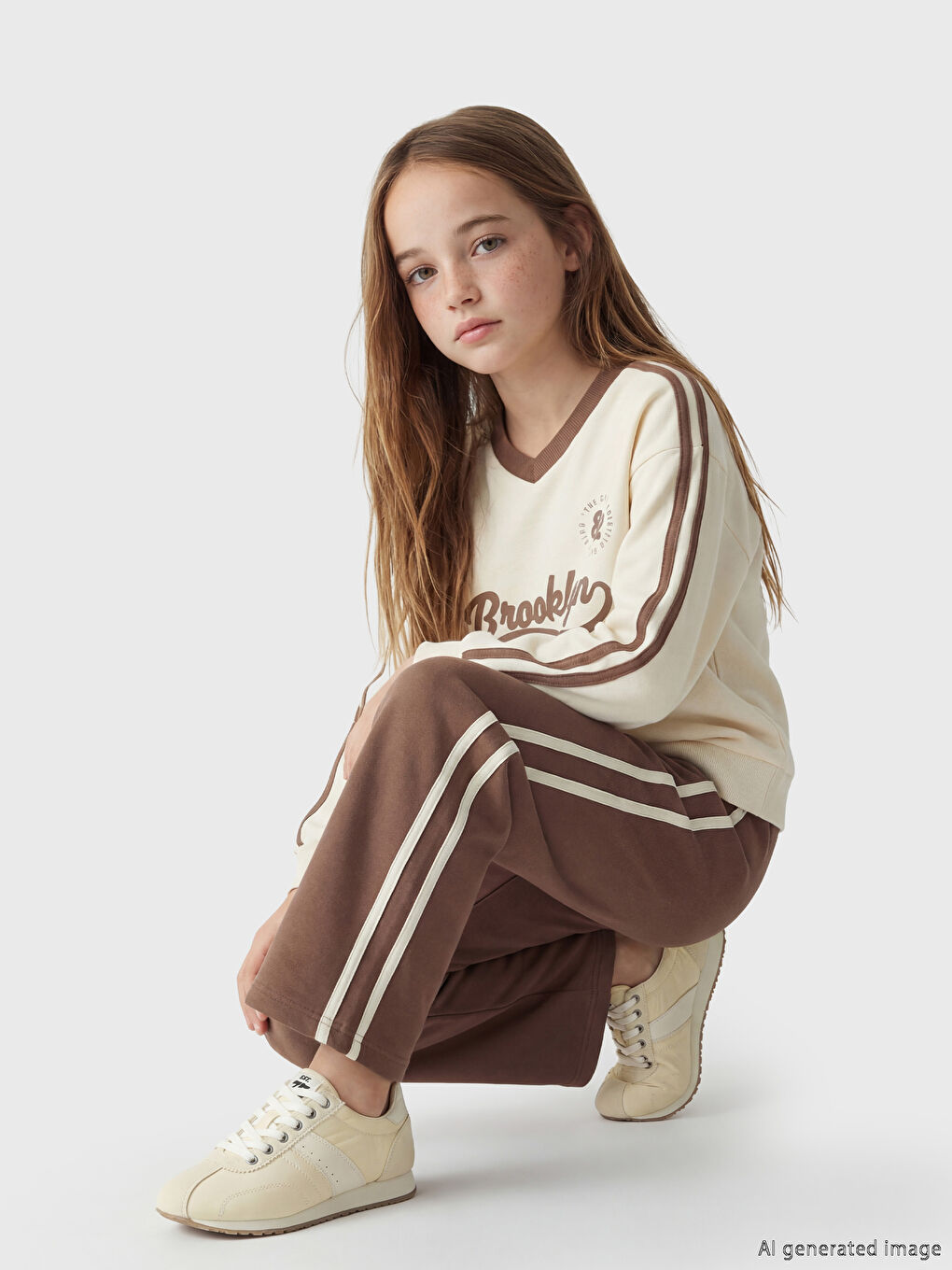 Ekru Brooklyn Baskılı Kız Çocuk Sweatshirt ve Eşofman Altı-1