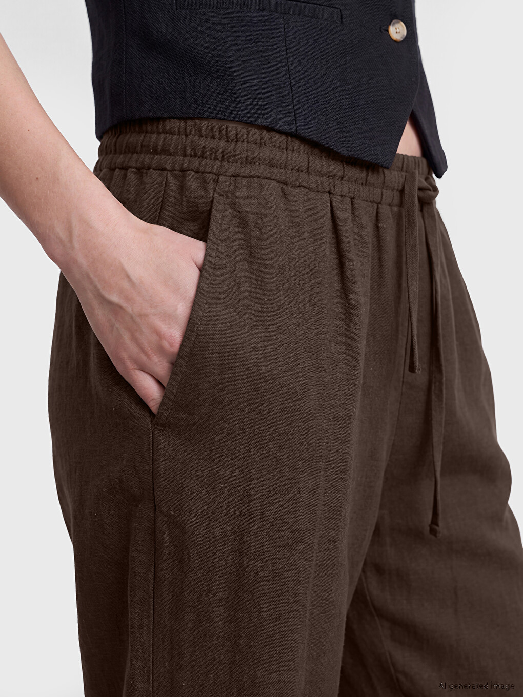 Elastic Waist Linen Blend Women's Trousers-3